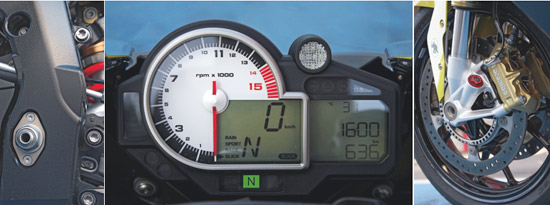 Varijabilnost stražnje vilice nužna je za SBK  Sve je tu - lap-timer, upozorenje za izmjenu brzina, pokazivač dosega s preostalim gorivom. Limit okretaja motora za najhrabrije stoji na 14.000 o/min   Ublažavanje sprijeda i straga može se podešavati pomoću kontakt-ključa